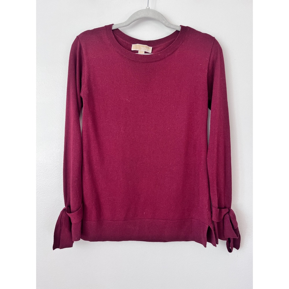MICHAEL KORS Burgundy Ribbed Knit Tie Sleeve Sweater Women's XS - Picture 2 of 5